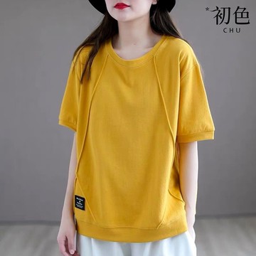 初色 純色休閒寬鬆顯瘦大碼圓領五分袖打底上衣T恤上衣女上衣-共6色-39457(M-4XL可選/現貨+預購)