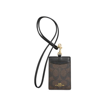 COACH胡桃木C LOGO PVC拼接皮革頸掛式證件票卡夾