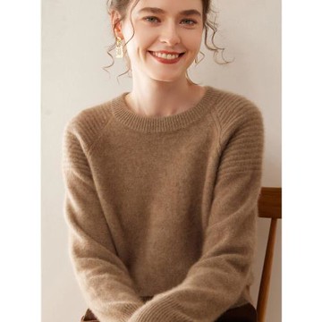 新品波紋袖加厚圓領羊絨衫女內搭套頭山羊絨毛衣針織打底衫秋冬