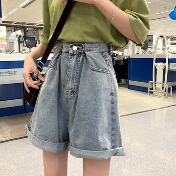 五分褲女直筒港味夏寬松bf風中褲大碼胖mm闊腿高腰卷邊牛仔短褲潮