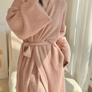 FUXI 半邊絨睡袍女 長袖浴袍 秋冬睡衣 居家服 連身睡衣 V領開衫睡裙 可外穿家居服