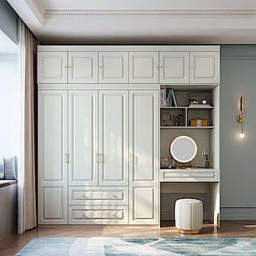 林氏木業北歐簡約純白金色把手四門衣櫃 JO11D (附化妝邊櫃及頂櫃) (H014359819)