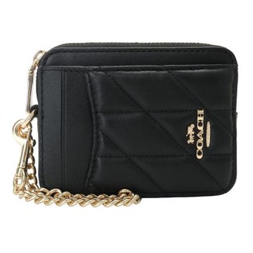 COACH 縫衍紋皮革直式方盒鍊帶卡夾零錢包(黑色)