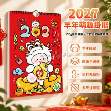 台灣出貨 2027羊年掛曆 A4中號 150g特種紙 喜氣羊羊野餐小熊 掛孔設計 年月日排版 客廳臥室辦公室牆面裝飾