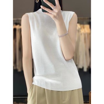 精紡半高領純羊毛背心女修身針織內搭吊帶打底衫毛衣上衣白色