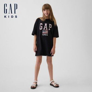 【GAP】兒童寬版 Gap Logo T恤裙-黑色/新款米白(898090)