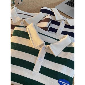 日系條紋長袖POLO衫男春秋季潮牌ins翻領重磅寬松青年休閑上衣服