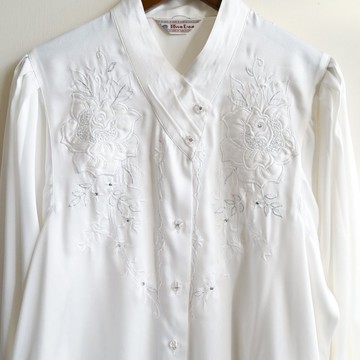 【蛋植物古著】鏡照花朵打褶領型刺繡古著襯衫