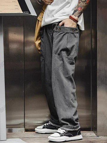 馬登工裝 美式復古廢土風冰染闊腿褲多口袋vibe寬松直筒長褲男春
