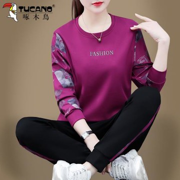 啄木鳥運動套裝女2026年新款春秋薄款中年媽媽休閑洋氣衛衣兩件套