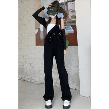 ZAVK2026春夏新品少女顯瘦闊腿鹽系背帶牛仔褲歐美風黑色百搭潮款