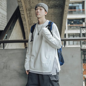 第四十九天春秋條紋拼接假兩件長袖T恤男潮牌圓領衣服寬松打底衫