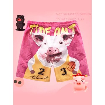 潮流騷氣寬松速干沙灘褲男情侶海邊度假豬印花短褲四分褲溫泉泳褲