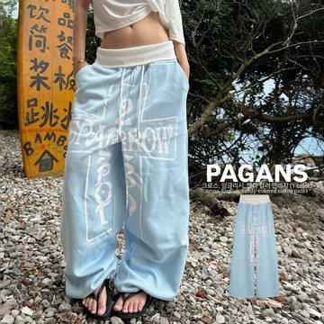 【PAGANS STORE】美式 復古 十字架 糖果色 雙褲頭 抽繩 寬鬆 慵懶 棉褲 長褲