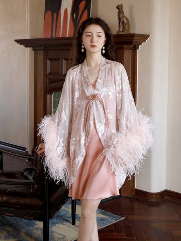 新中式晨袍 鴕鳥毛真絲睡衣