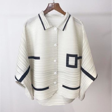 日系衣服春夏款寬松褶皺薄款外套幾何拼色氣質大碼顯瘦襯衫上衣女