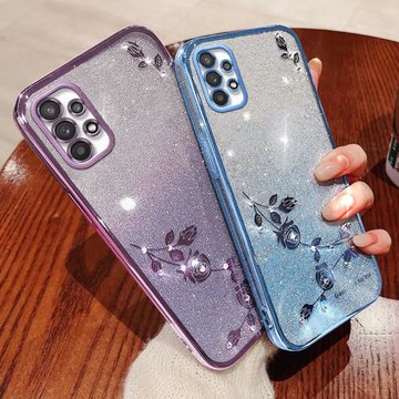 適用于三星A73手機殼新款A3閃粉花朵硅膠保護套a23鏡頭全包防摔a53軟殼galaxya外殼A32男女galaxyA52直邊電鍍