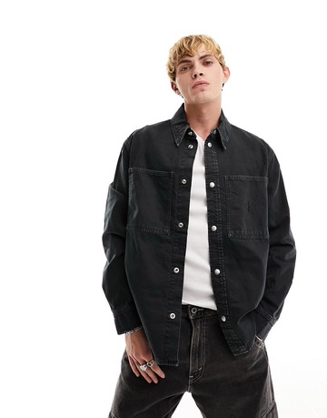 Calvin Klein Jeans canvas linear logo shirt in black