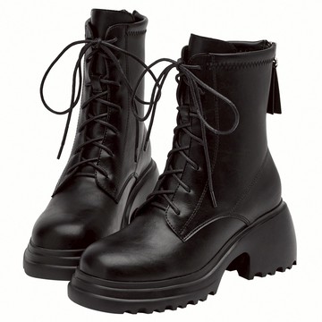 【Grace Gift】短靴 綁帶靴 靴子【韓團必備圓頭輕量厚底綁帶短靴】1色 35-41號 厚底靴