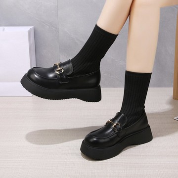 短靴女春秋單靴2021年新款厚底增高系帶網紅英倫風炸街針織小皮鞋