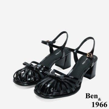 Ben&1966高級牛漆皮優雅小蝴蝶結造型高跟涼鞋-黑(246701)