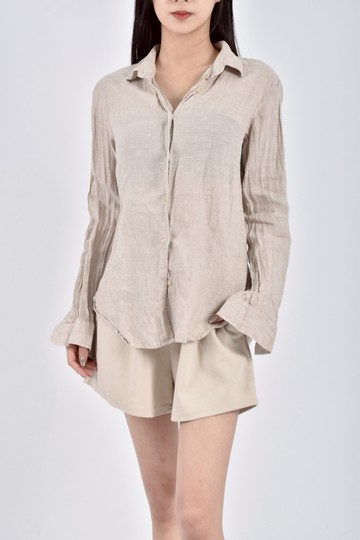 加購優惠(S) uniqlo質感亞麻長袖棕色襯衫上衣