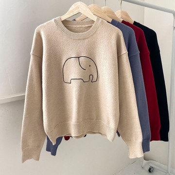 簡約小象刺繡黑色毛衣女新款秋冬慵懶風寬松圓領套頭針織衫