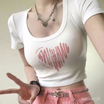 💛限時下殺💛純慾辣妹風韓版短款正肩T恤女ins夏季新款顯瘦露臍印花短袖上衣