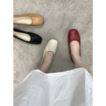 超軟軟皮軟底舒適方頭奶奶鞋平底淺口單鞋女平跟瓢鞋純色百搭春秋