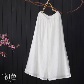 初色 純色鬆緊腰寬鬆顯瘦雙層薄款闊腿休閒九分褲裙-共2色-69891(M-2XL可選)