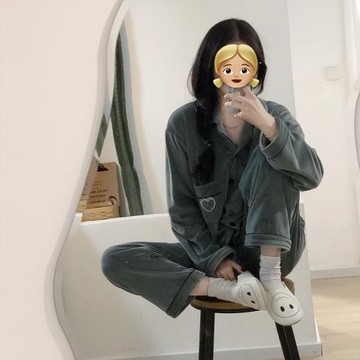 韓國睡衣海島絨慵懶風桃心加厚女長袖長褲情侶ins日系秋冬家居服