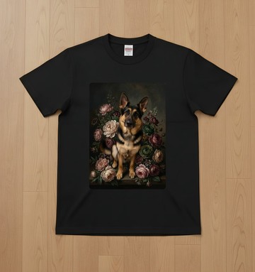 德國牧羊犬短袖 T 恤 花卉油畫風格藝術 黑色 男女通用