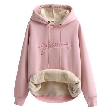 加厚加絨冬季連帽衛衣女套頭2025新款秋冬上衣仿羊羔絨毛外套粉色