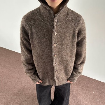 秋冬季高翻領加厚羊毛小外套男寬鬆慵懶風長袖針織衫外套毛衣男