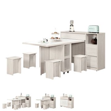 Boden-奧菲3.9尺仿石面多功能餐櫃餐桌/伸縮折疊餐桌中島櫃(收納餐櫃+折合餐桌+椅凳四入)-118x189x95cm