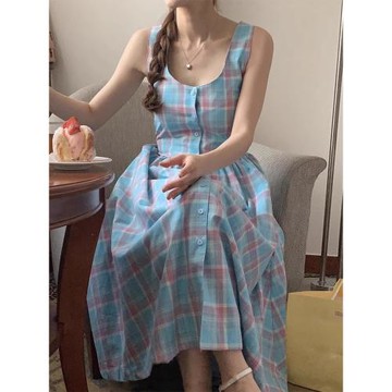 韓國chic夏季復古溫柔風圓領單排扣綁帶收腰顯瘦格子背心連衣裙女