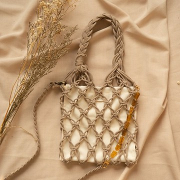 波希米亞 手工編織鏤空通花手拿包 大地色 空氣卡其 Macrame Bag