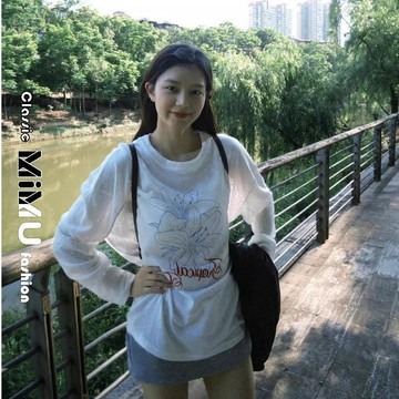 【MIMU】慵懶風防曬罩衫女 夏季花朵印花長袖t恤 韓系chic上衣上衣 小個子女裝 T恤女 女生上衣