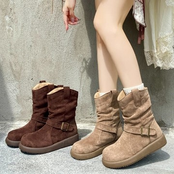 圓頭靴．率性V口絨布抓皺一字帶厚底短靴．白鳥麗子