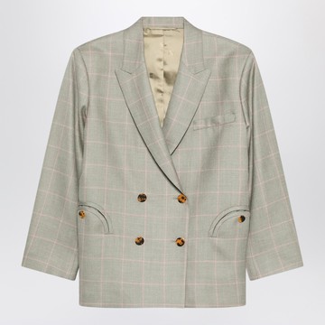 Double-breasted beige blazer with pink check pattern