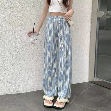 夏季冰絲質感高腰綁繩挺版直筒褲 女裝 休閒褲 垂感顯瘦褲子 運動褲 長褲 寬褲