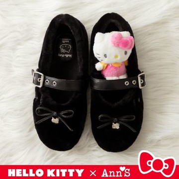 Ann’S X Sanrio三麗鷗 HELLO KITTY 聯名 柔軟純羊毛 寬版舒適軟墊蝴蝶結平底瑪莉珍娃娃鞋2cm-黑