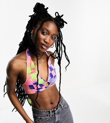 COLLUSION abstract festival printed halter neck crop top with metal ring detail in multi