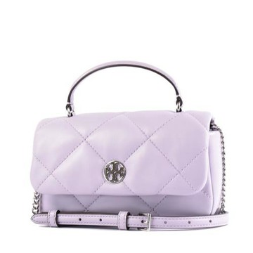 TORY BURCH WILLA 銀色LOGO菱格紋手提/斜背二用包-粉霧紫/迷你