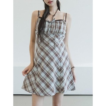 Codibook｜韓國 binary01 格紋蝴蝶結方領無袖洋裝［預購］迷你短洋裝 細肩帶緞面洋裝 女裝