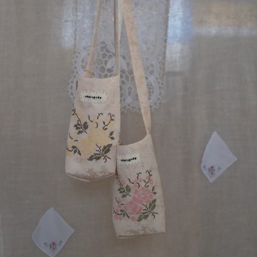 植物染絲麻 薔薇刺繡抽繩布袋