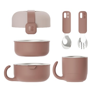 MOTHER-K Hug 外出豪華不鏽鋼餐具多件組 耐用抗腐  1組  蓋子 + 小碗 + 大碗 + 杯子 + 湯匙 + 叉子 + 固定帶  乾燥玫瑰