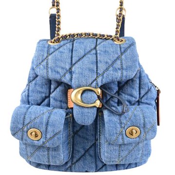 COACH TABBY 金屬C LOGO絎縫牛仔布雙口袋扣式鏈帶後背包(藍)