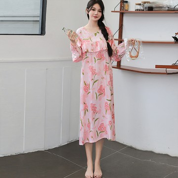 【韓國K.W.】KBM4555韓國專櫃級粉花棉稠波浪造型家居休閒服睡裙(睡裙/1件套/舒適柔軟好穿)