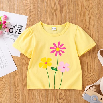 A類實拍無模特女童夏季圓領短袖花朵印花T恤韓范修身外貿款